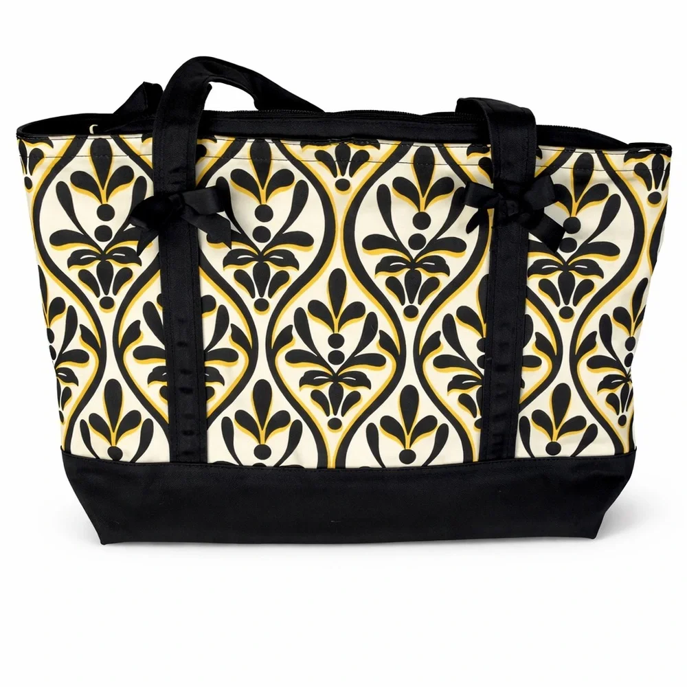 Talbots Black Cream Damask Print Tote Bag Structured Zip Top Purse